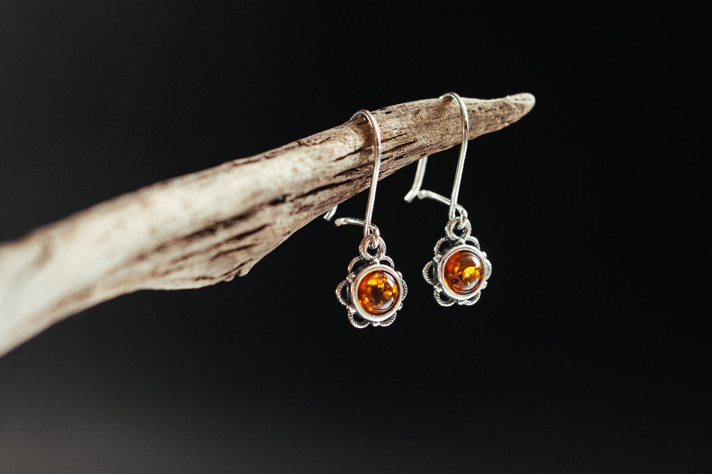 Blooming Delight -  Silver Flower Dangle Earrings with Baltic Amber