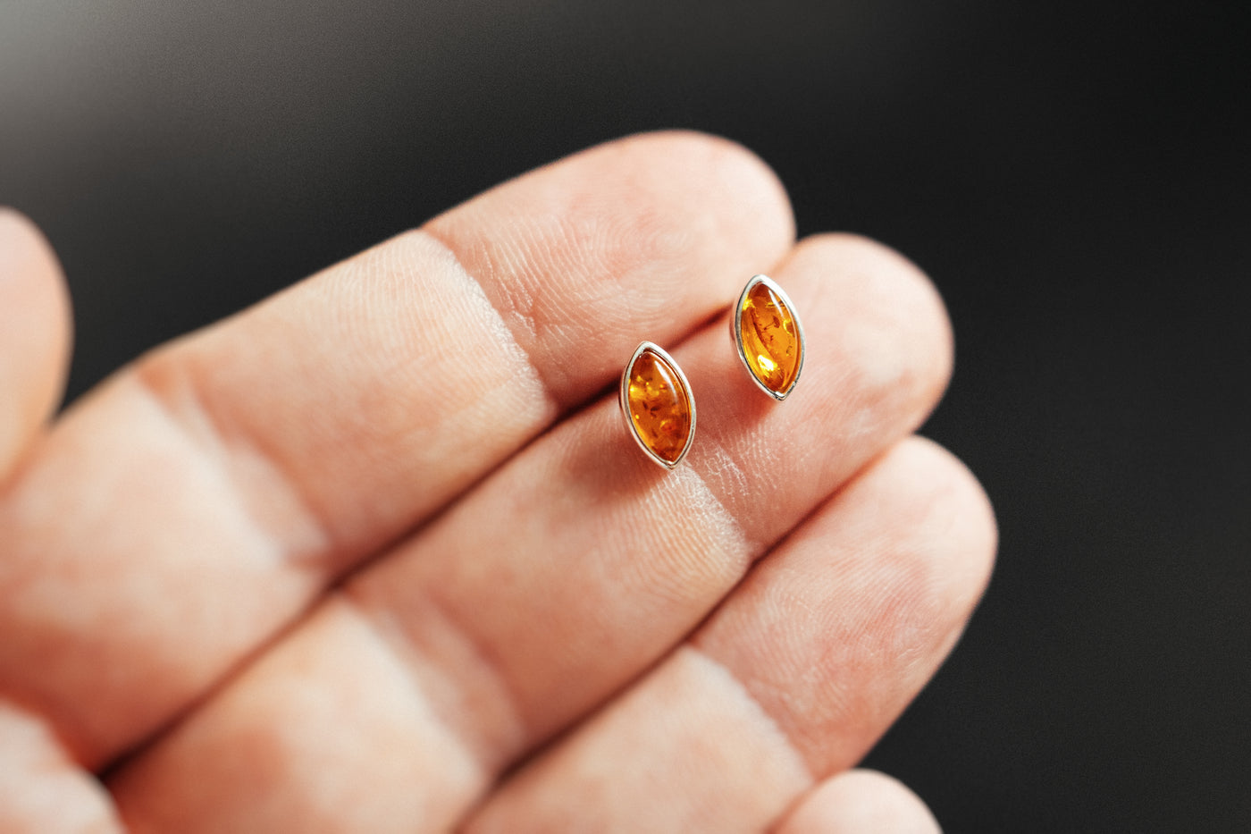 Marquise Majesty: Small Silver Earrings with Baltic Amber