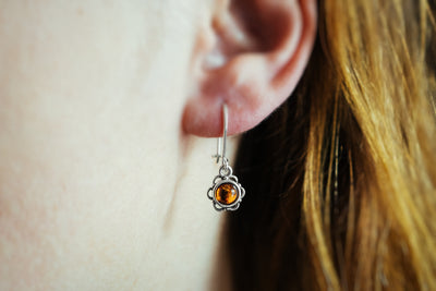 Blooming Delight -  Silver Flower Dangle Earrings with Baltic Amber