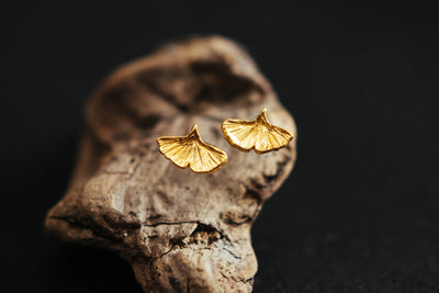 Golden ginkgo studs. 18k gold plated sterling silver.