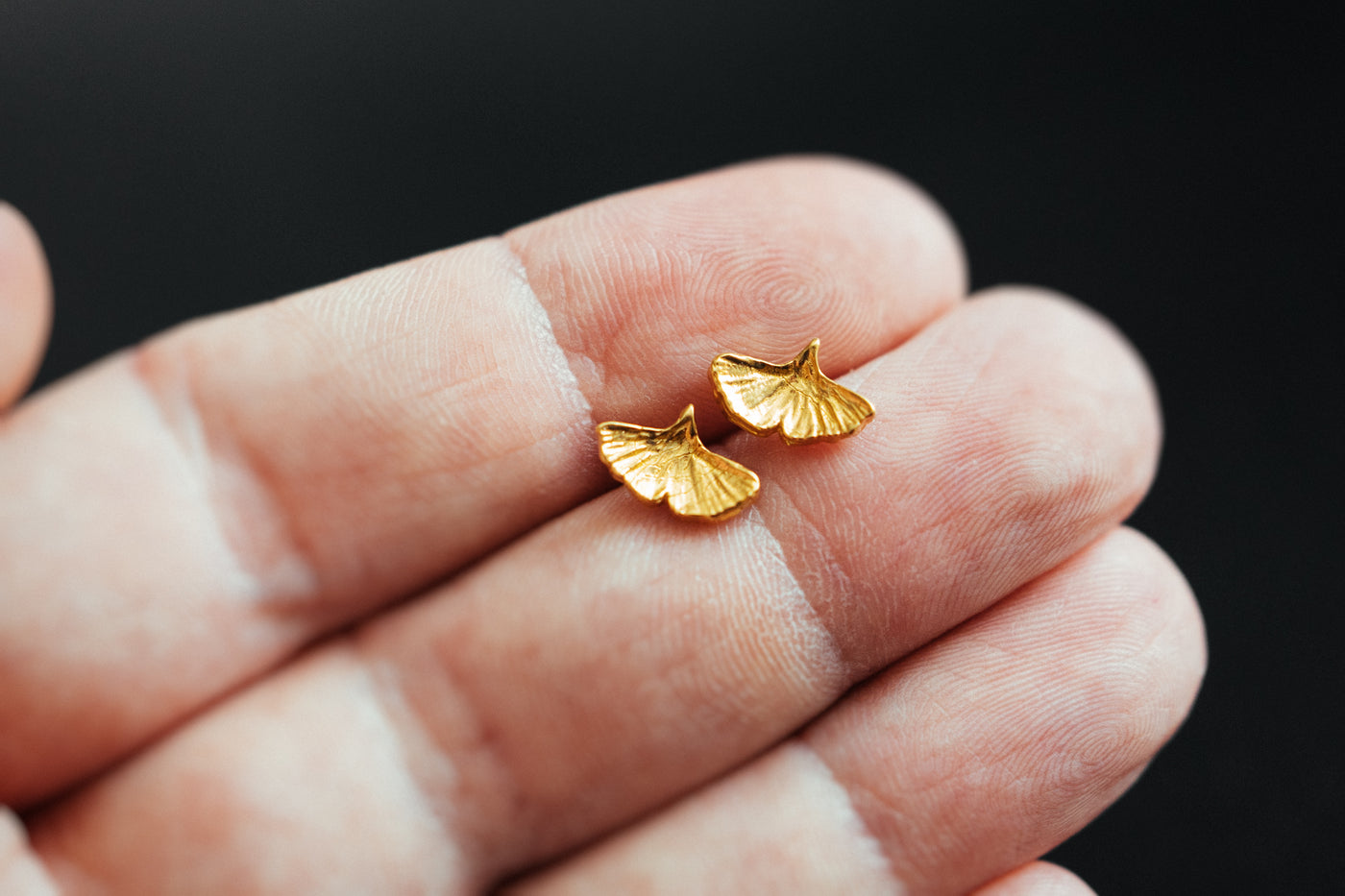 Golden ginkgo studs. 18k gold plated sterling silver.