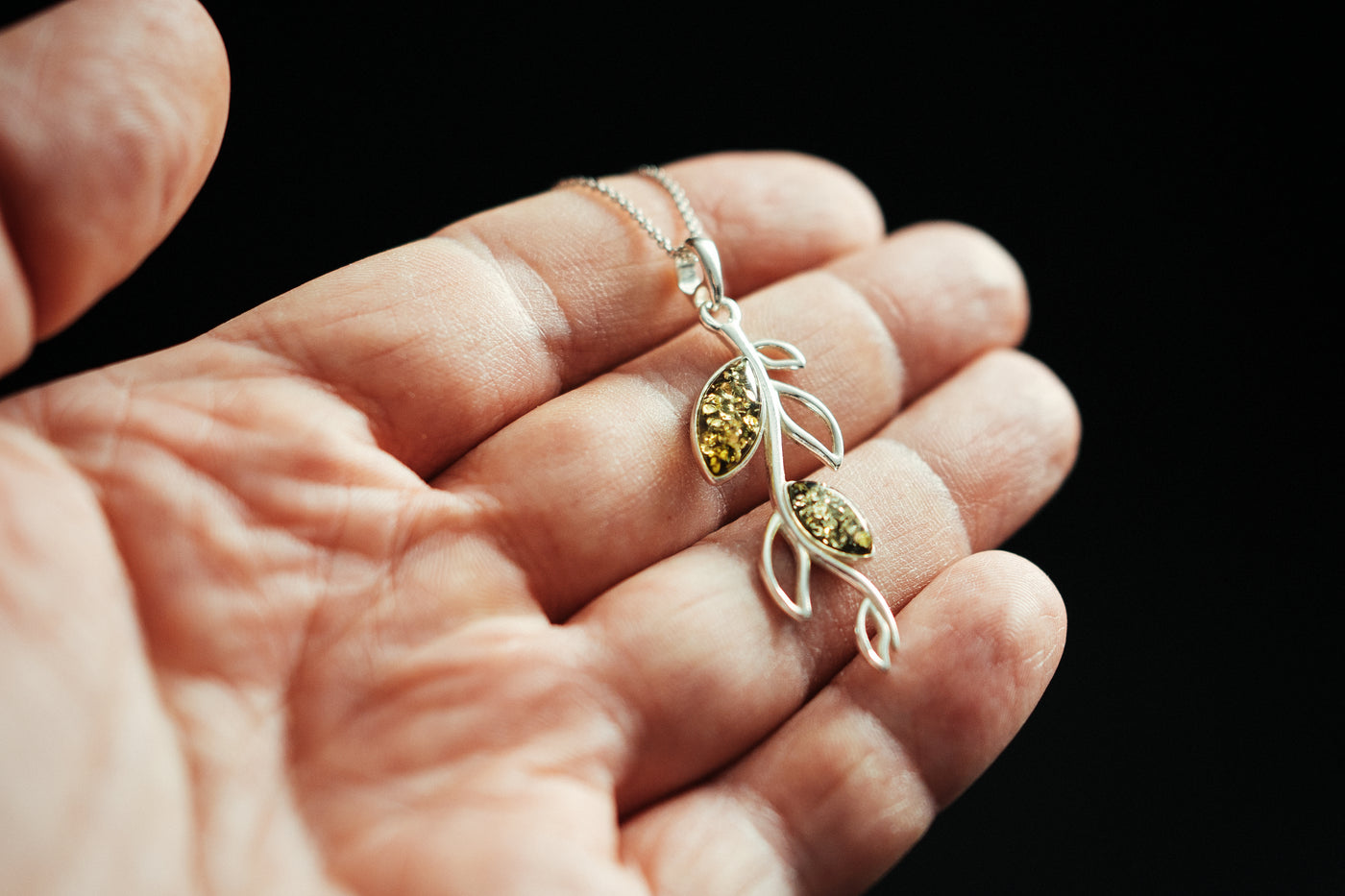 Amber leaf pendant. Subtle, delicate necklace.
