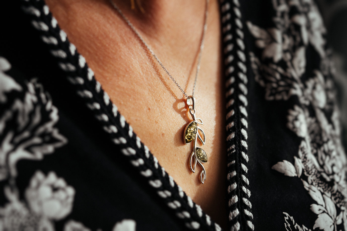 Amber leaf pendant. Subtle, delicate necklace.