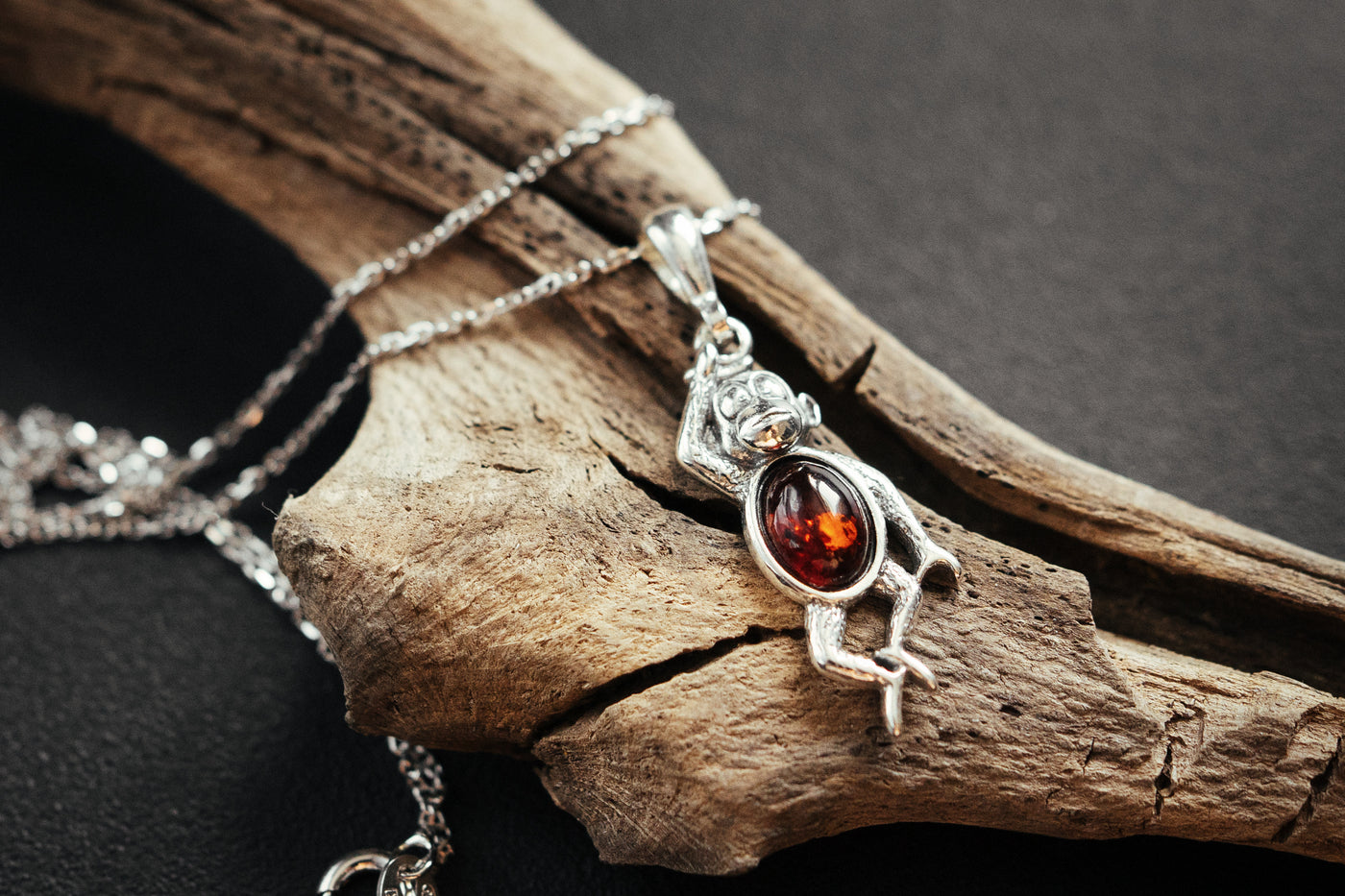 Silver Monkey Pendant with Baltic Amber