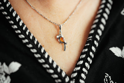 Vibrant Plumage - Silver Parrot Pendant with Baltic Amber