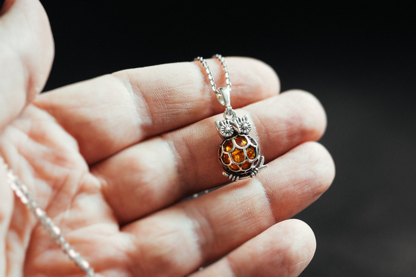 Mystical Night - Silver Owl Pendant with Natural Baltic Amber
