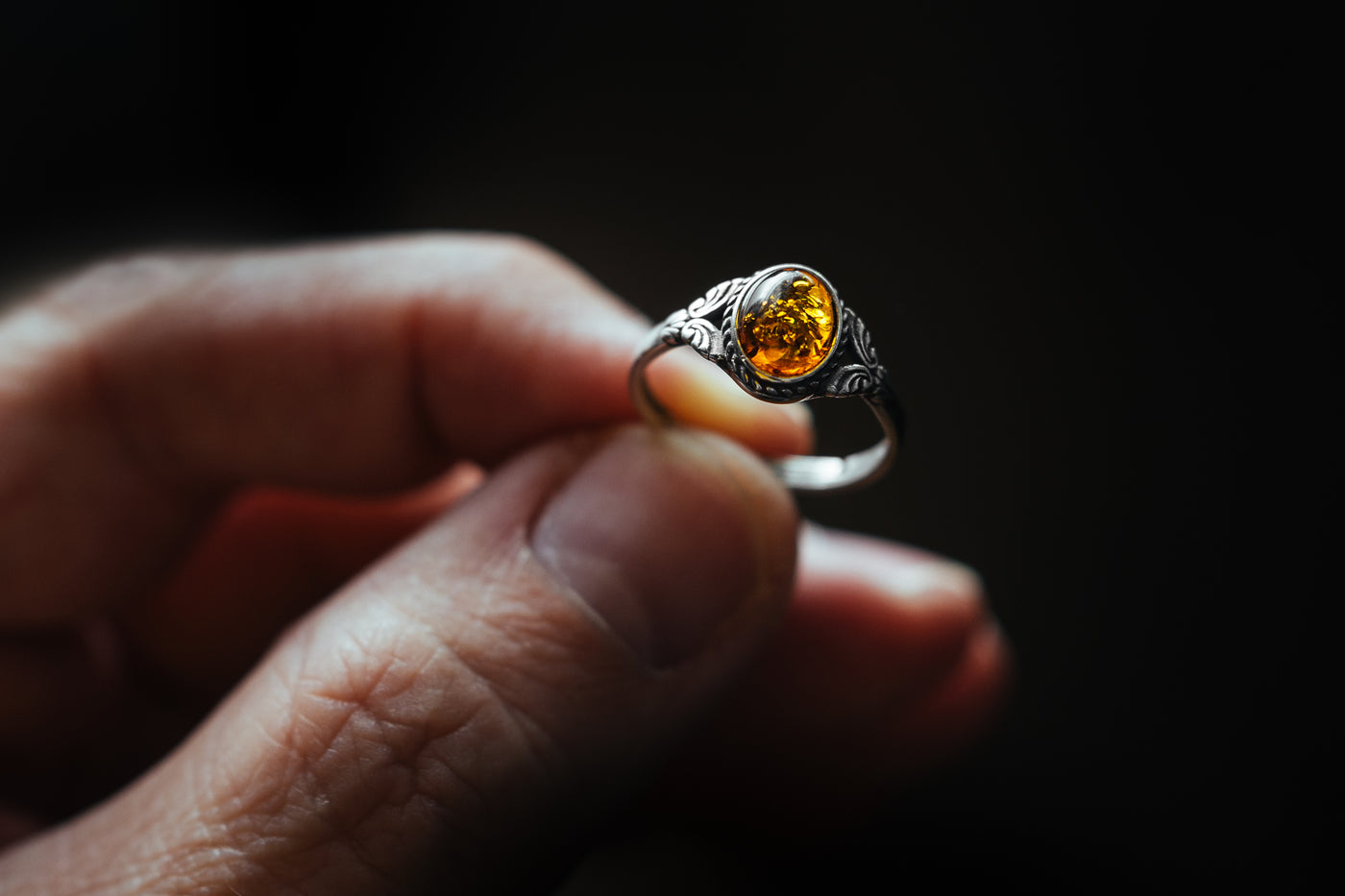 Beautiful amber sterling silver ring. Natural cognac Baltic amber with golden flakes. Unique and exceptional Anniversary gift. Adjustable