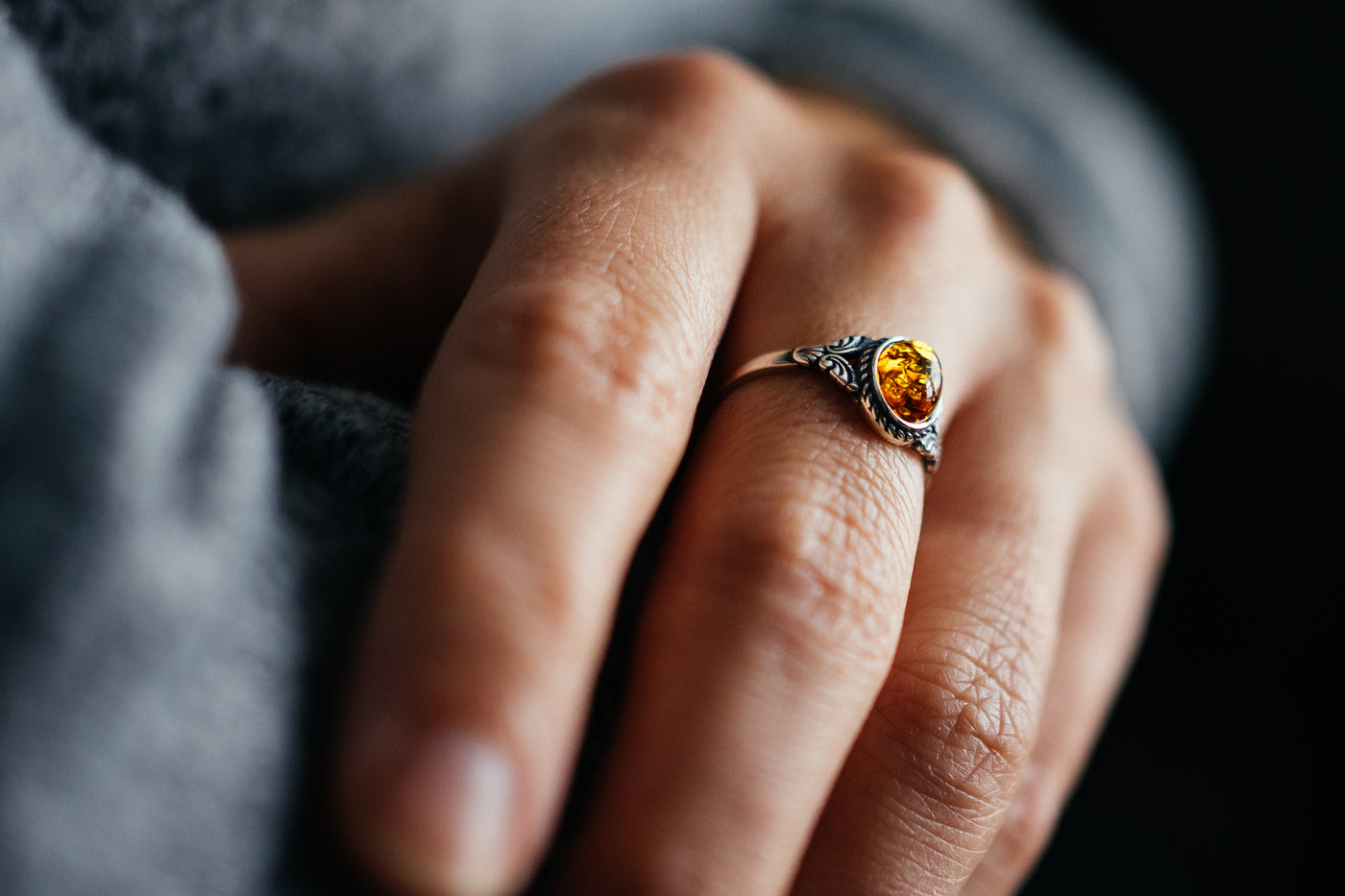 Beautiful amber sterling silver ring. Natural cognac Baltic amber with golden flakes. Unique and exceptional Anniversary gift. Adjustable