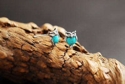 Sterling Silver Owl Earrings with Turquoise