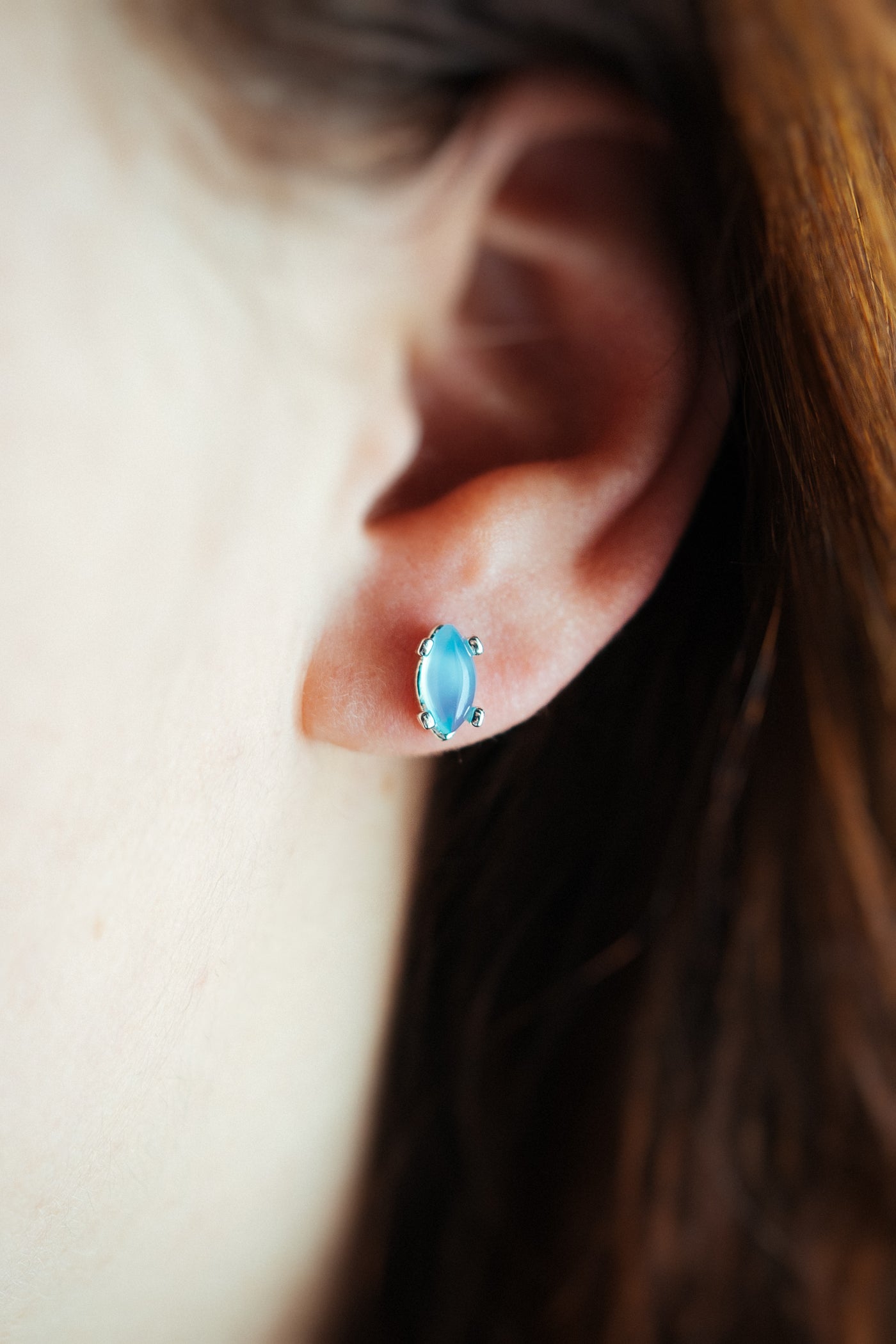 Aqua Agate Stud Earrings – Sterling Silver Marquise-Cut Blue Gemstone