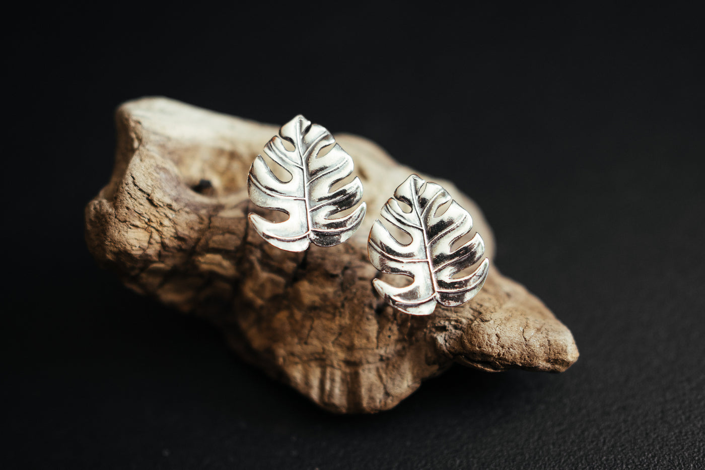 Monstera Leaf sterling silver stud earrings. Palm studs.