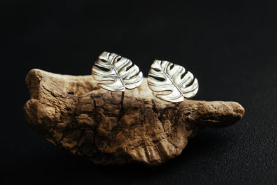 Monstera Leaf sterling silver stud earrings. Palm studs.