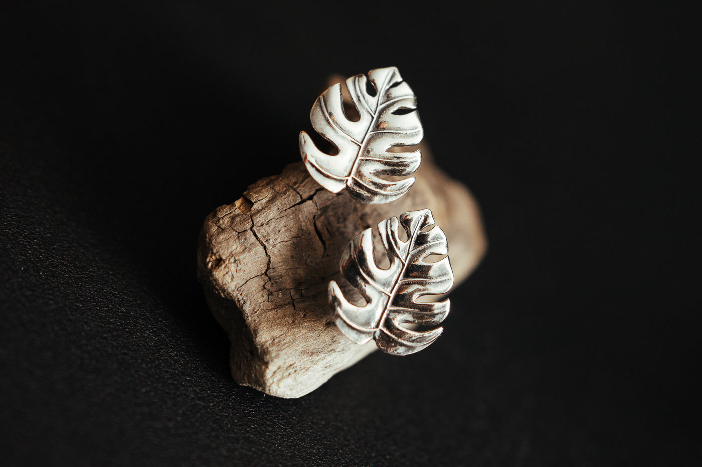 Monstera Leaf sterling silver stud earrings. Palm studs.