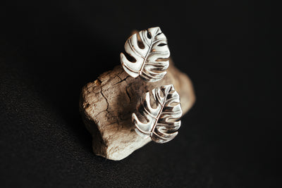 Monstera Leaf sterling silver stud earrings. Palm studs.