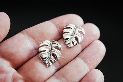 Monstera Leaf sterling silver stud earrings. Palm studs.