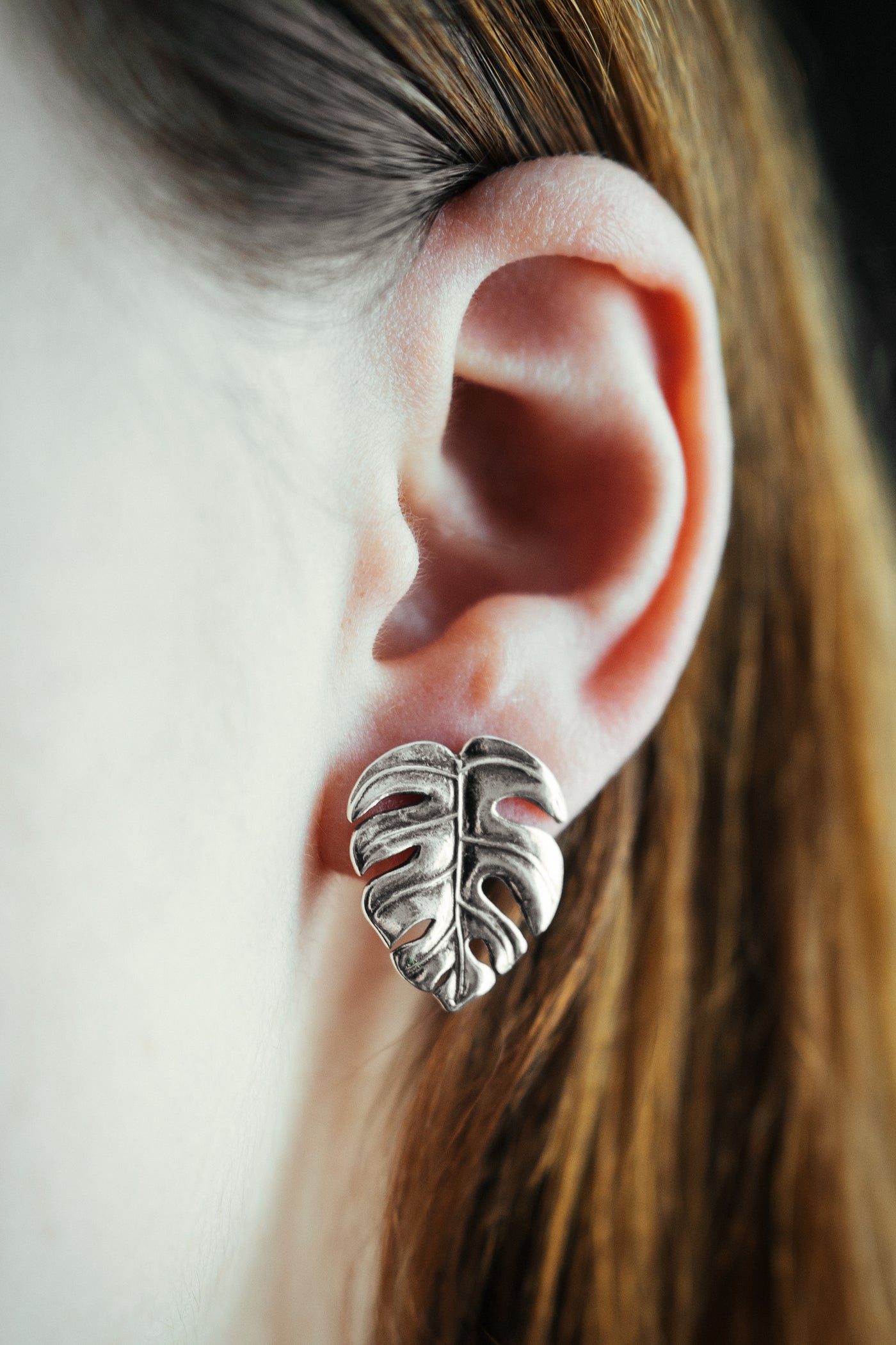 Monstera Leaf sterling silver stud earrings. Palm studs.