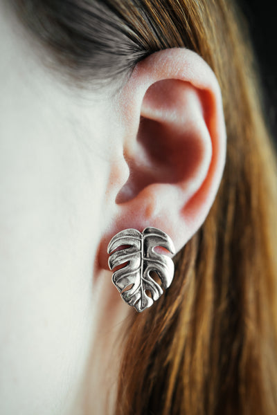 Monstera Leaf sterling silver stud earrings. Palm studs.