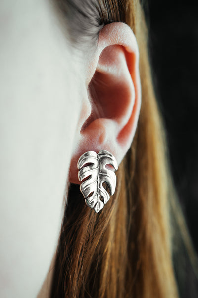 Monstera Leaf sterling silver stud earrings. Palm studs.