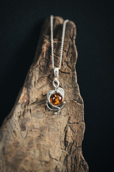 Autumn's Radiance - Silver Leaf Pendant with Baltic Amber