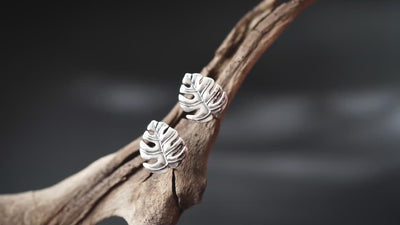 Monstera Leaf sterling silver stud earrings. Palm studs.