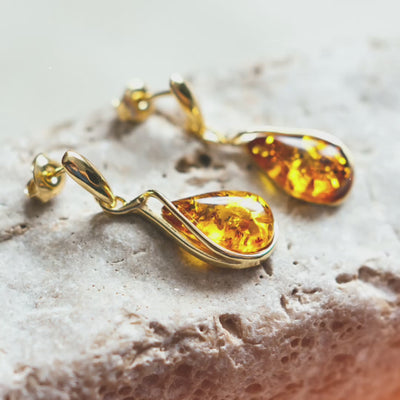 Amber Drop Earrings. 18k Gold Plated