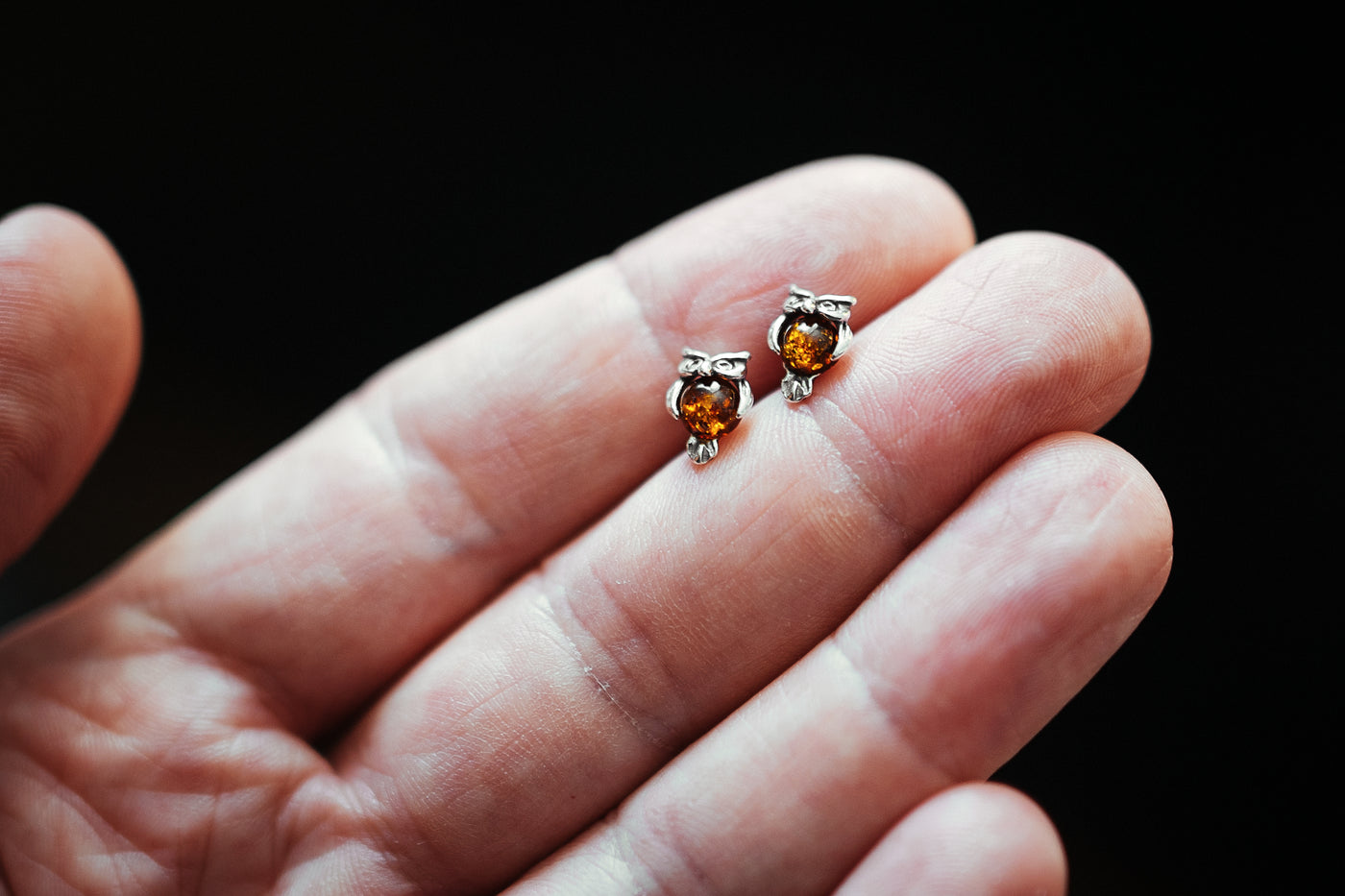 Tiny Owl Amber Stud Earrings