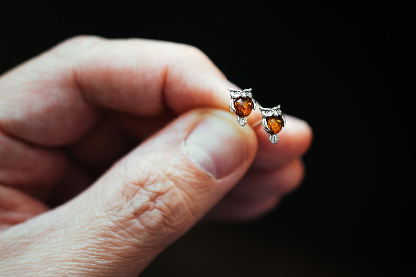 Tiny Owl Amber Stud Earrings