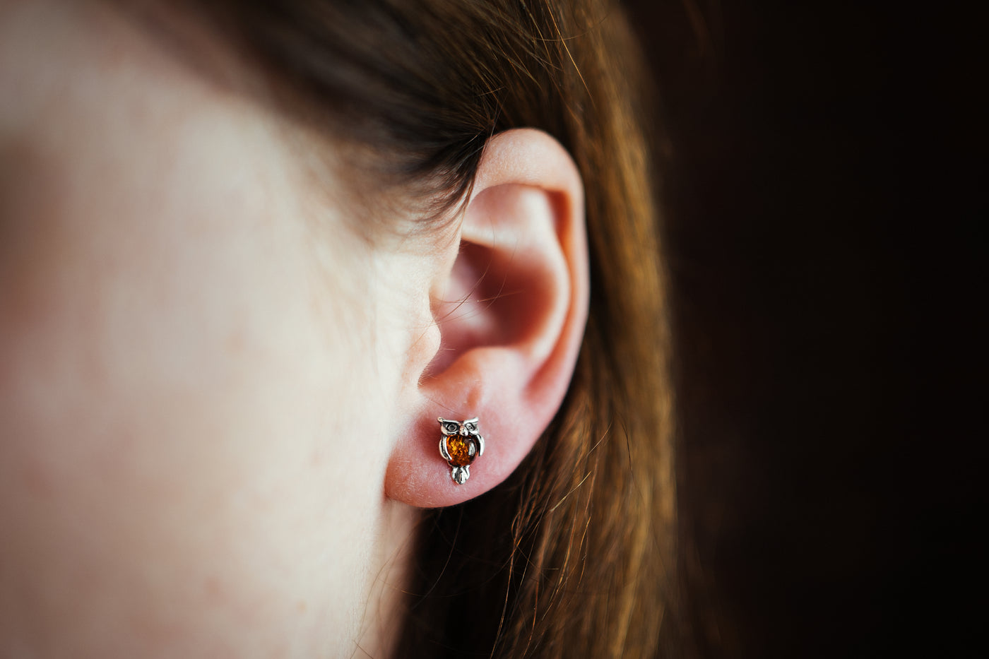 Tiny Owl Amber Stud Earrings