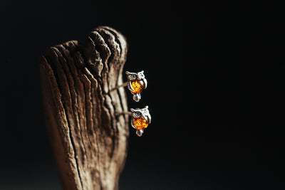 Tiny Owl Amber Stud Earrings